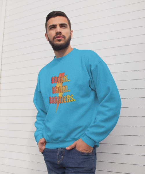 hispanic men wearing sweatshirt with design saying break brain barriers