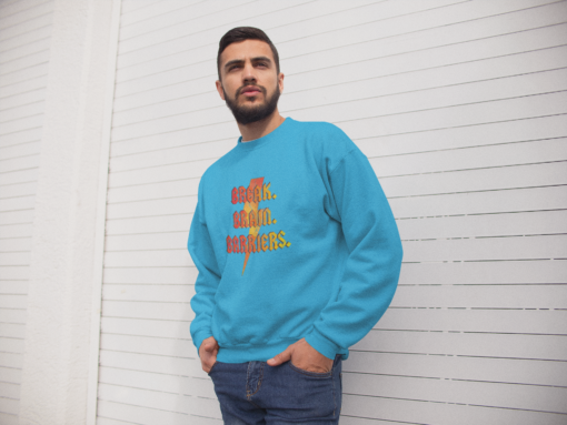 hispanic men wearing sweatshirt with design saying break brain barriers